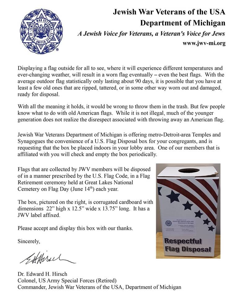 		                                		                                    <a href="https://images.shulcloud.com/13408/uploads/CoverLetterSigned.pdf"
		                                    	target="">
		                                		                                <span class="slider_title">
		                                    Respectful Flag Disposal Site		                                </span>
		                                		                                </a>
		                                		                                
		                                		                            	                            	
		                            <span class="slider_description">We are honored to be selected by Jewish War Veterans of the USA as a respectful flag disposal site. American flags ready for disposal can be dropped in the collection bin in our front vestibule.</span>
		                            		                            		                            <a href="https://images.shulcloud.com/13408/uploads/CoverLetterSigned.pdf" class="slider_link"
		                            	target="">
		                            	Read the Letter		                            </a>
		                            		                            