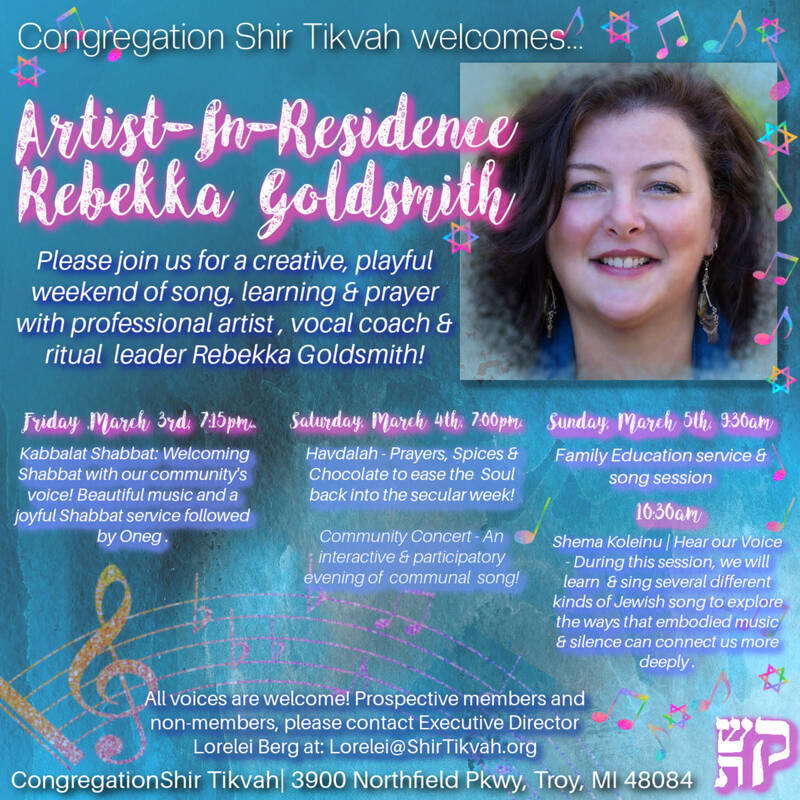 		                                		                                    <a href="https://www.shirtikvah.org/event/havdalah--community-concert-with-artist-in-residence-rebekka-goldsmith.html"
		                                    	target="">
		                                		                                <span class="slider_title">
		                                    Artist-In-Residence Rebekka Goldsmith		                                </span>
		                                		                                </a>
		                                		                                
		                                		                            	                            	
		                            <span class="slider_description">Congregation Shir Tikvah, in conjunction with the Membership Committee Presents : Artist-In-Residence Rebekka Goldsmith!!!

We are thrilled to announce a joyful weekend of creative, meaningful song, learning and prayer with professional artist, vocal coach and ritual leader Rebekka Goldsmith! All voices (and people) are welcome to join us for three days of dynamic programming for young and old alike. So please, mark your calendars now, as this special event is one you surely won't want to miss.</span>
		                            		                            		                            <a href="https://www.shirtikvah.org/event/havdalah--community-concert-with-artist-in-residence-rebekka-goldsmith.html" class="slider_link"
		                            	target="">
		                            	Register Now		                            </a>
		                            		                            