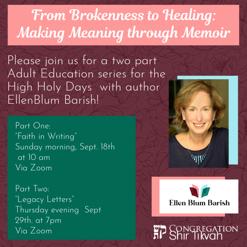 		                                		                                    <a href="https://www.shirtikvah.org/event/from-brokenness-to-healing-making-meaning-through-memoir---part-one-faith-in-writing.html"
		                                    	target="">
		                                		                                <span class="slider_title">
		                                    From Brokenness to Healing: Making Meaning through Memoir		                                </span>
		                                		                                </a>
		                                		                                
		                                		                            	                            	
		                            <span class="slider_description">You are invited to join us for a two-part Adult Ed series in the spirit of the holidays with author Ellen Blum Barish! Advance registration is required. Free to CST Members, $18 for non-members.</span>
		                            		                            		                            <a href="https://www.shirtikvah.org/event/from-brokenness-to-healing-making-meaning-through-memoir---part-one-faith-in-writing.html" class="slider_link"
		                            	target="">
		                            	Register Now		                            </a>
		                            		                            