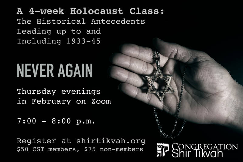 		                                		                                    <a href="https://www.shirtikvah.org/event/holocaust-class"
		                                    	target="">
		                                		                                <span class="slider_title">
		                                    Holocaust Class on Zoom		                                </span>
		                                		                                </a>
		                                		                                
		                                		                            	                            	
		                            <span class="slider_description">Our very own member, Michael Leibson will lead this Zoom only class all 4 Thursdays in February 7:00 -8:00 p.m.</span>
		                            		                            		                            <a href="https://www.shirtikvah.org/event/holocaust-class" class="slider_link"
		                            	target="">
		                            	Register Now		                            </a>
		                            		                            